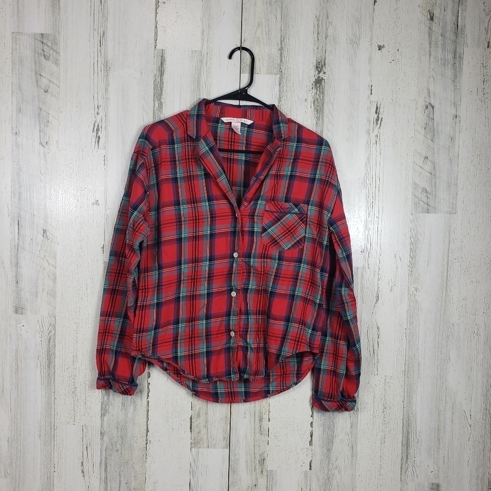 Victoria's secret plaid red, blue vneck long sleeve pajama top women's size XS
